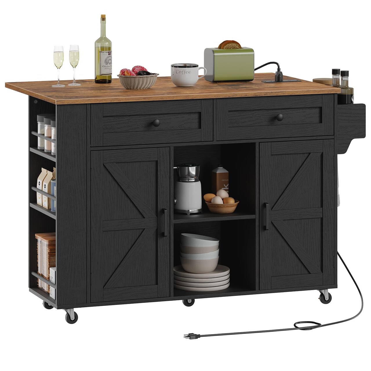 Rolling Kitchen Island with Drop Leaf Table, USB Outlet, Storage